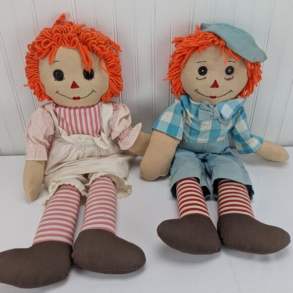Vintage Raggedy Ann & Andy Cloth Dolls Handmade Set 25" Fabric Retro Toys - Picture 1 of 13